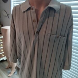 Van Heusen Size XXL. Gray, Black and White Striped Polo Shirt With Banded Waist